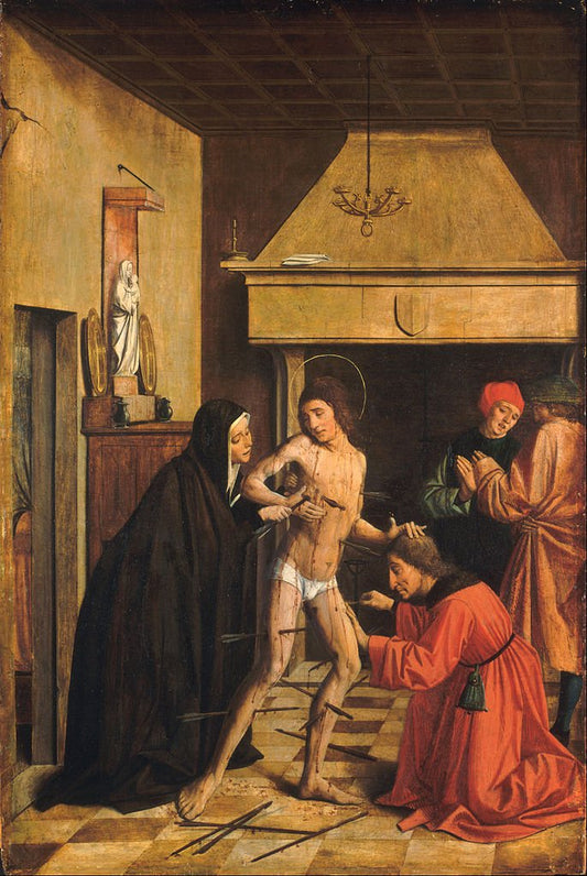 Saint Sebastian Cured by  Irene, vintage artwork by Josse Lieferinxe, A3 (16x12") Poster Print