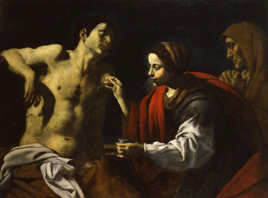 Saint Sebastian is Healed by  Saint Irene, vintage artwork by Attributed to Giovanni Battista Caracciolo, 12x8" (A4) Poster