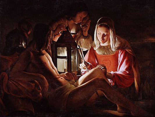 Saint Sebastian Tended by  Irene, vintage artwork by Attributed to Georges de La Tour, 12x8" (A4) Poster