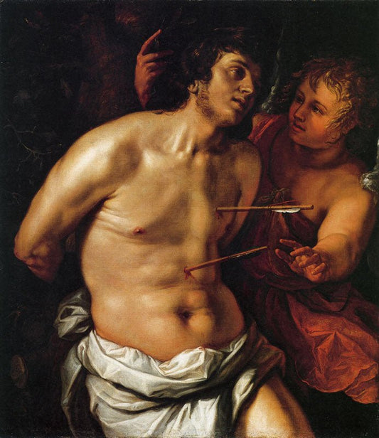 Saint Sebastian with an Angel, vintage artwork by Hendrick Goltzius, 12x8" (A4) Poster