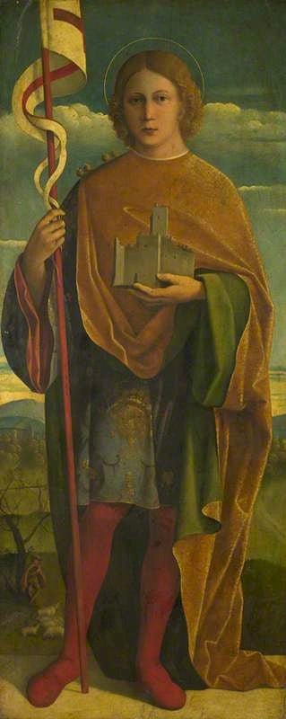 Saint with a Fortress and a Banner, vintage artwork by Attributed to Girolamo da Santa Croce, A3 (16x12") Poster Print