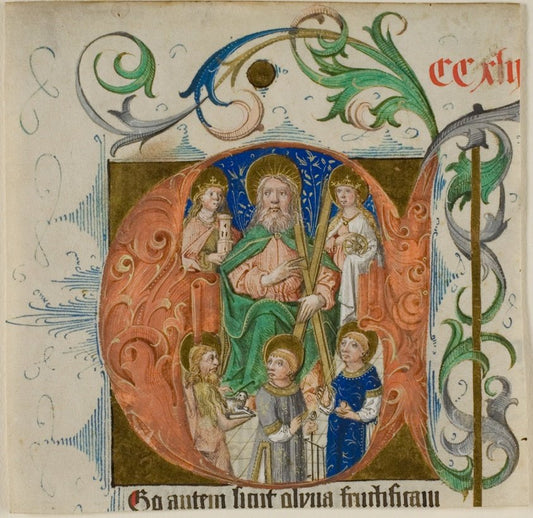 Saints Barbara, Catherine, Andrew, John the Baptist, Lawrence and Thomas à Beckett in a Historiated Initial "E" from a Missal or Breviary by  German (Middle Rhineland), 23x16"( A2 size) Poster Print