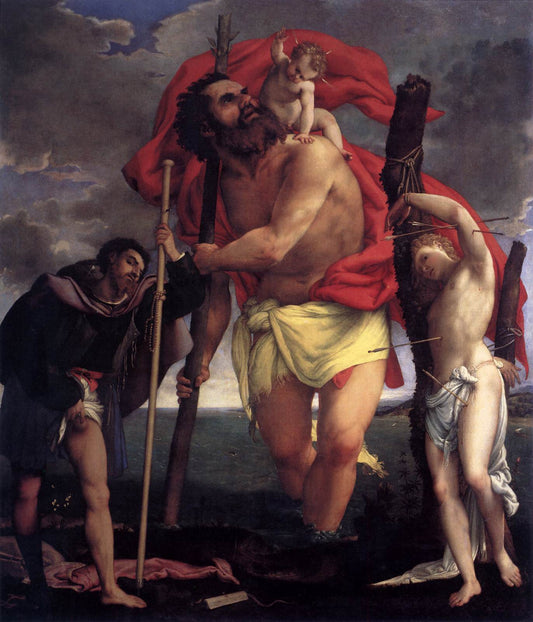 Saints Christopher, Sebastian and Roch, vintage artwork by Lorenzo Lotto, A3 (16x12") Poster Print
