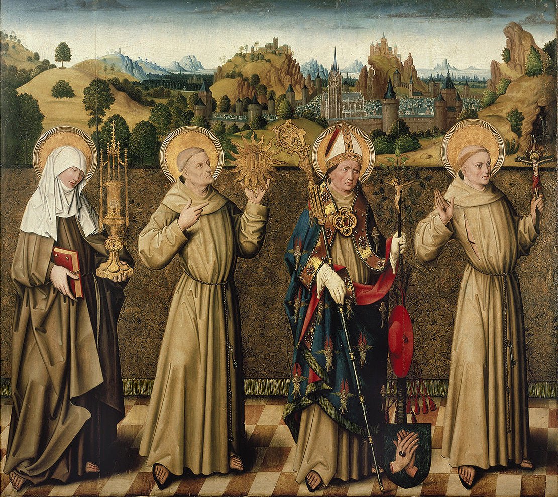 Saints Clare, Bernard, Bonaventure and Francis, vintage artwork by Master of the Glorification of the Virgin, A3 (16x12") Poster Print