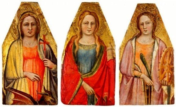 Saints Margaret, Magdalen and Catherine, vintage artwork by Spinello Aretino, 12x8" (A4) Poster