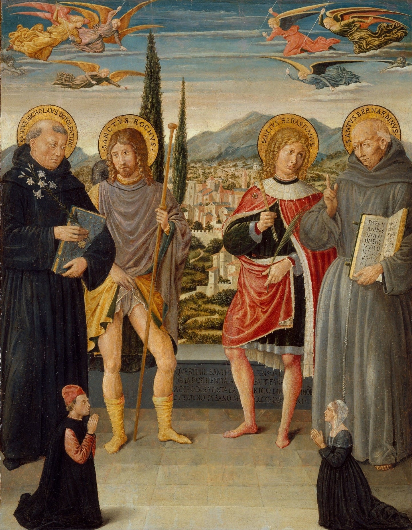 Saints Nicholas of Tolentino, Roch, Sebastian, and Bernardino of Siena, with Kneeling Donors, vintage artwork by Benozzo Gozzoli, A3 (16x12") Poster Print