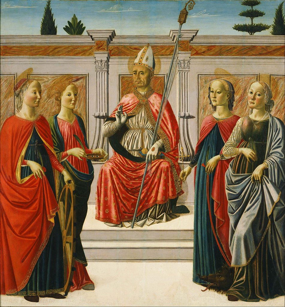 Saints Nicolas, Catherine, Lucy, Margaret and Apollonia, vintage artwork by Attributed to Francesco Botticini, A3 (16x12") Poster Print