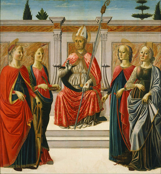 Saints Nicolas, Catherine, Lucy, Margaret and Apollonia, vintage artwork by Attributed to Francesco Botticini, A3 (16x12") Poster Print
