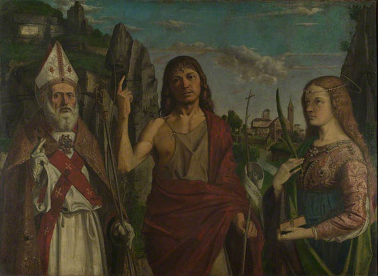Saints Zeno and John the Baptist and a Female Martyr, vintage artwork by Bartolomeo Montagna, A3 (16x12") Poster Print