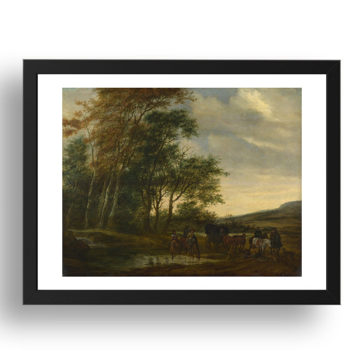 Salomon van Ruysdael: A Landscape with a Carriage and Horsemen at a Pool, Poster in 17x13"(A3) Frame