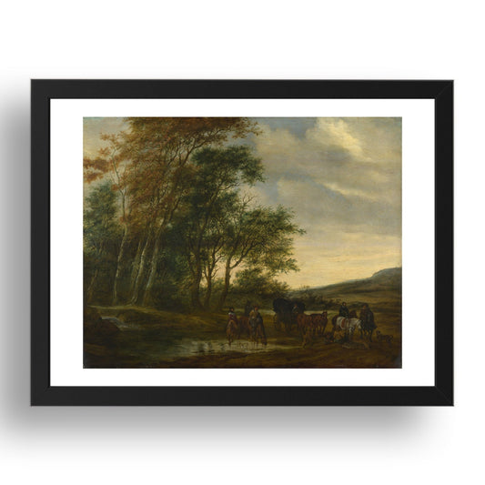 Salomon van Ruysdael: A Landscape with a Carriage and Horsemen at a Pool, Poster in 17x13"(A3) Frame