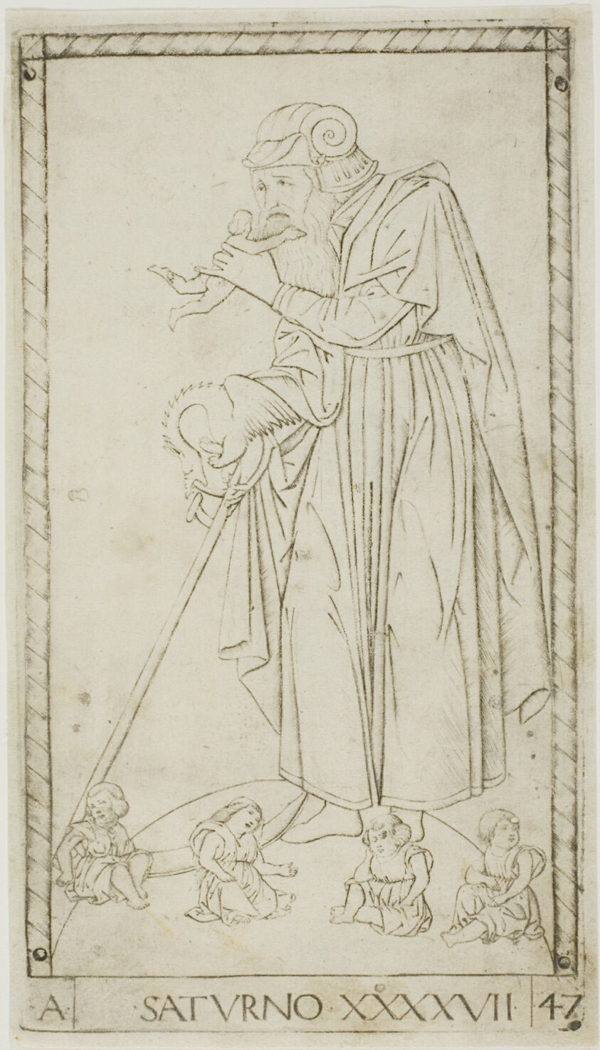 Saturn, plate 47 from Planets and Spheres by  Master of the E-Series Tarocchi, 23x16"( A2 size) Poster Print