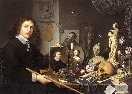 Self Portrait with Vanitas, vintage artwork by David Bailly, 12x8" (A4) Poster