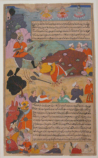 :"Bhima Defeates Duryodhana" Folio from a Razmnama c1616–17-16x12"(A3) Poster