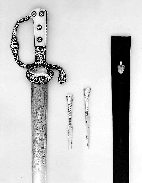 Hunting Sword with Scabbard  Knife  and Fork blade dated 1656,  Poster Print Wall Art