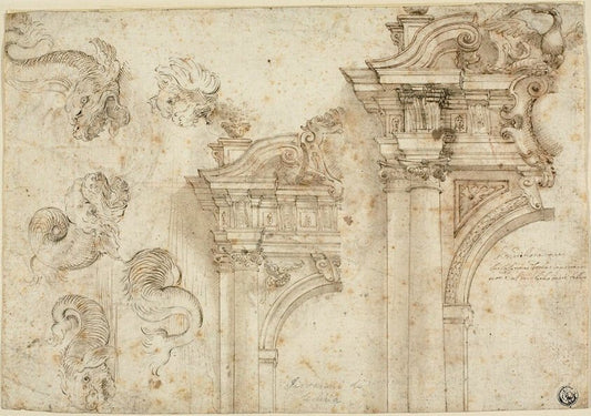 Sheet of Sketches by  Sea Monsters and Elaborate Portals (recto); Sketches of Architectural Details (verso) by  Attributed to Agostino Mitelli, 23x16"( A2 size) Poster Print