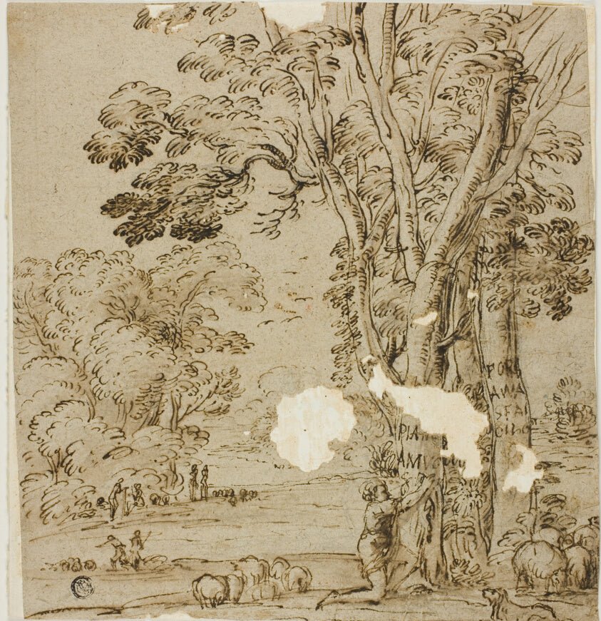 Shepherd Carving an Inscription on Tree Trunk with Figures and Sheep in Background by  Possibly Agostino Tassi (Italian, c.1580-1644), 23x16"( A2 size) Poster Print