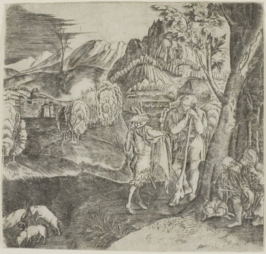 Shepherds and Satyr in a Landscape by  Agostino dei Musi, 23x16"( A2 size) Poster Print
