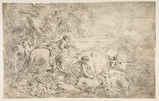 Shepherds with their flock ca 1650–1655-Giovanni Benedetto Cas, vintage art, A3 (16x12") Poster Print