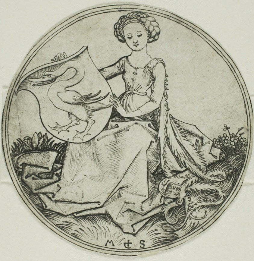 Shield with a Swan, Held by  a Seated Lady by  Martin Schongauer, 23x16"( A2 size ) Poster Print