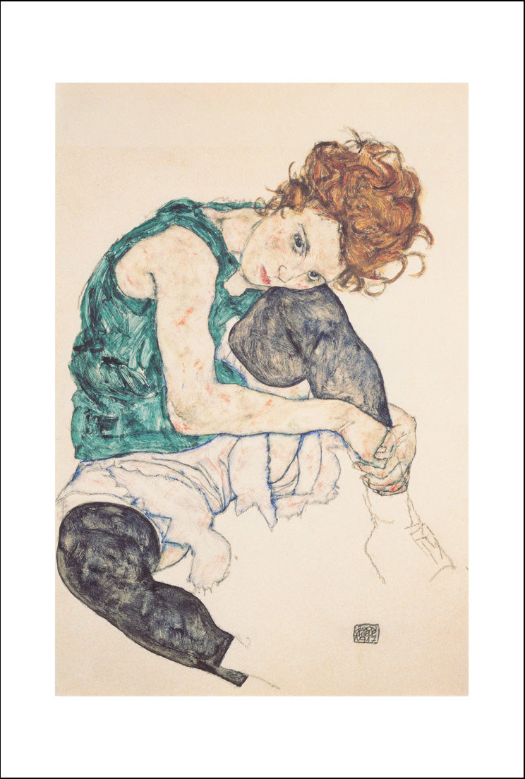 sitting-woman-with-legs-drawn-up Green top red hair-2 by Egon Schiele, 12x8" (A4) Poster Print