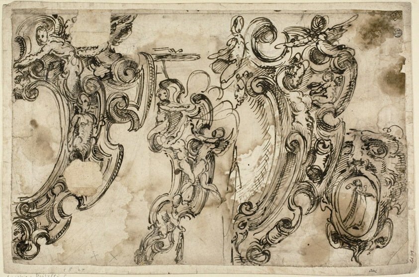 Sketches of Decorative Motifs (recto); Sketch of Decorative Motif (verso) by  Attributed to Agostino Mitelli, 23x16"( A2 size) Poster Print