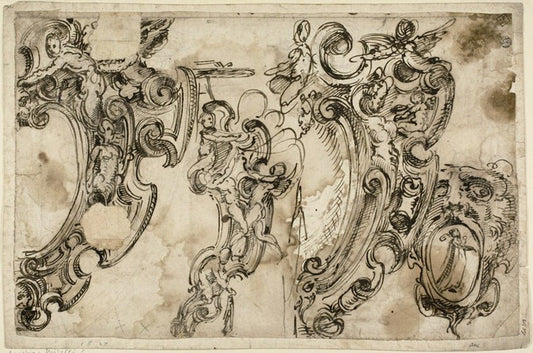 Sketches of Decorative Motifs (recto); Sketch of Decorative Motif (verso) by  Attributed to Agostino Mitelli, 23x16"( A2 size) Poster Print