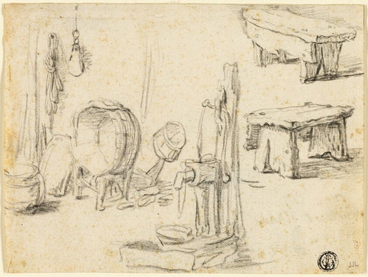 Sketches of Pump, Washtub, Benches by  Circle of Adriaen van Ostade, 23x16"( A2 size) Poster Print