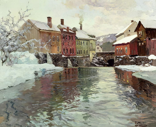 Snow-covered Buildings by a River by Fritz Thaulow, vintage art, modern poster print