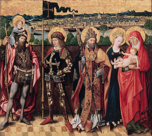 St Anna, the Virgin and the Christ Child with Saints Christopher, Gereon and Peter, vintage artwork by Master of the Glorification of the Virgin, A3 (16x12") Poster Print