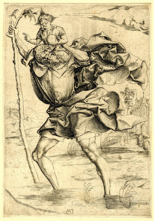 St Christopher; the giant carrying the Child, vintage artwork by Master of the Housebook, A3 (16x12") Poster Print