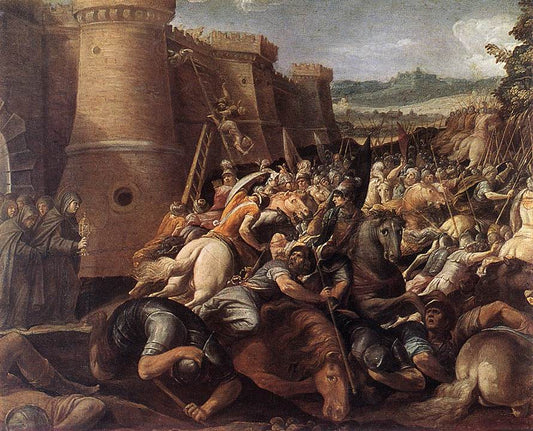 St Clare with the Scene of the Siege of Assisi, vintage artwork by Giuseppe Cesari, 12x8" (A4) Poster