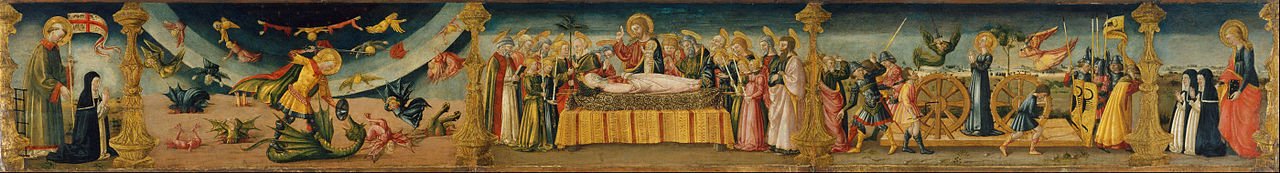 St Lawrence, St Michael and the Dragon, the Dormitio Virginis and the Martyrdom of St Catherine, vintage artwork by Neri di Bicci, A3 (16x12") Poster Print