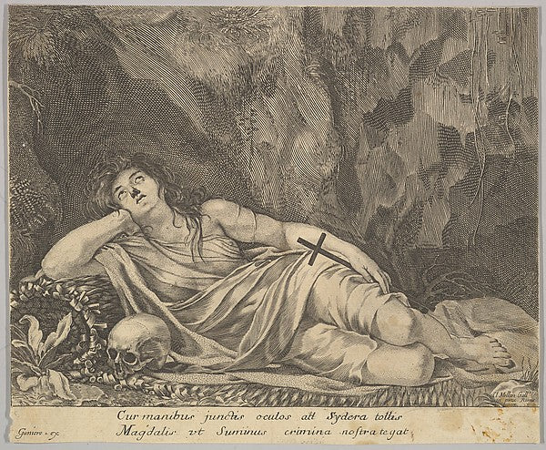 St. Mary Magdalen Reclining in a Grotto-Jean Ganier, After Cla, vintage art, A3 (16x12") Poster Print