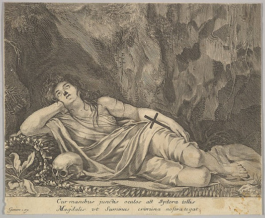 St. Mary Magdalen Reclining in a Grotto-Jean Ganier, After Cla, vintage art, A3 (16x12") Poster Print