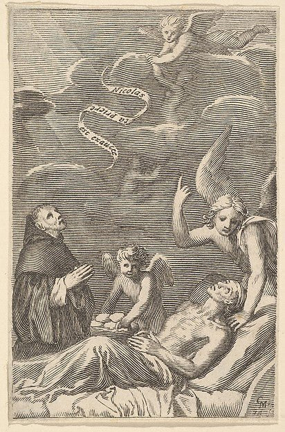 St. Nicolas Praying for a Dying Man-Claude Mellan , vintage art, A3 (16x12") Poster Print