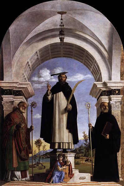 St Peter Martyr with St Nicholas of Bari, St Benedict and an Angel Musician, vintage artwork by Cima da Conegliano, A3 (16x12") Poster Print