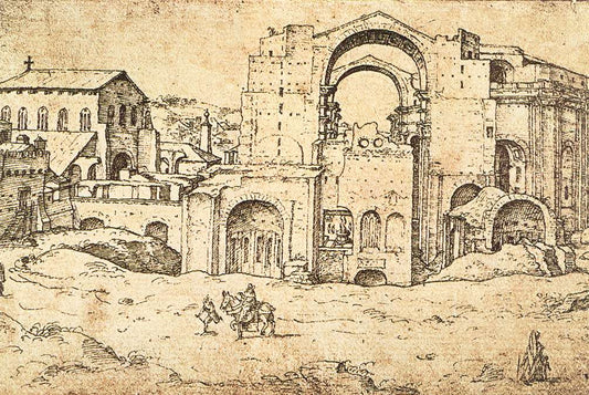 St. Peter's Basilica, under construction in 1536, vintage artwork by Maerten van Heemskerck, A3 (16x12") Poster Print