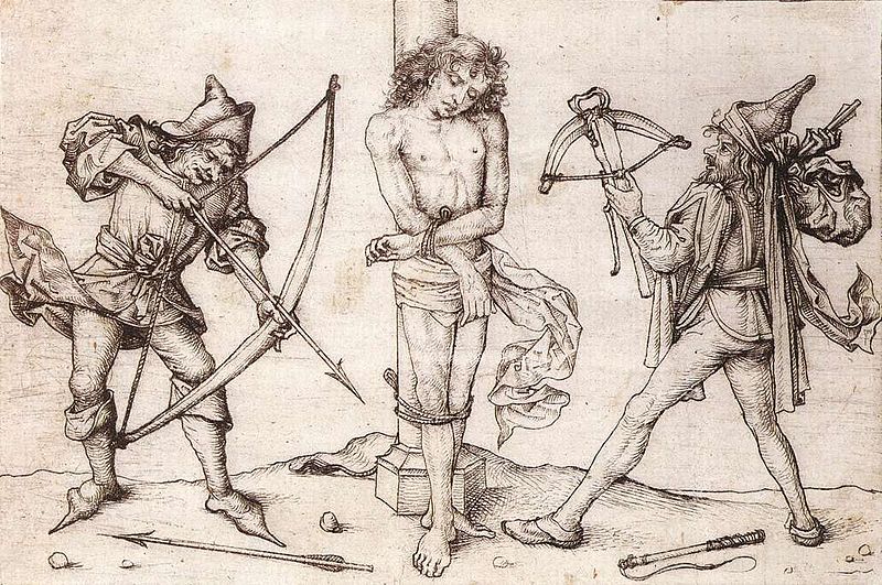 St Sebastian with Archers, vintage artwork by Master of the Housebook, A3 (16x12") Poster Print