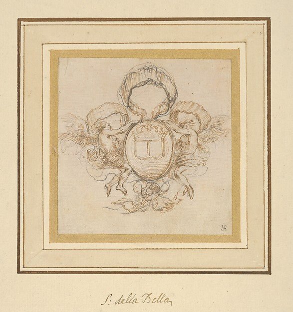 Stefano della Bella:Cartouche for Le Pont Neuf 17th century, vintage artwork, 16x12"(A3) Poster Print