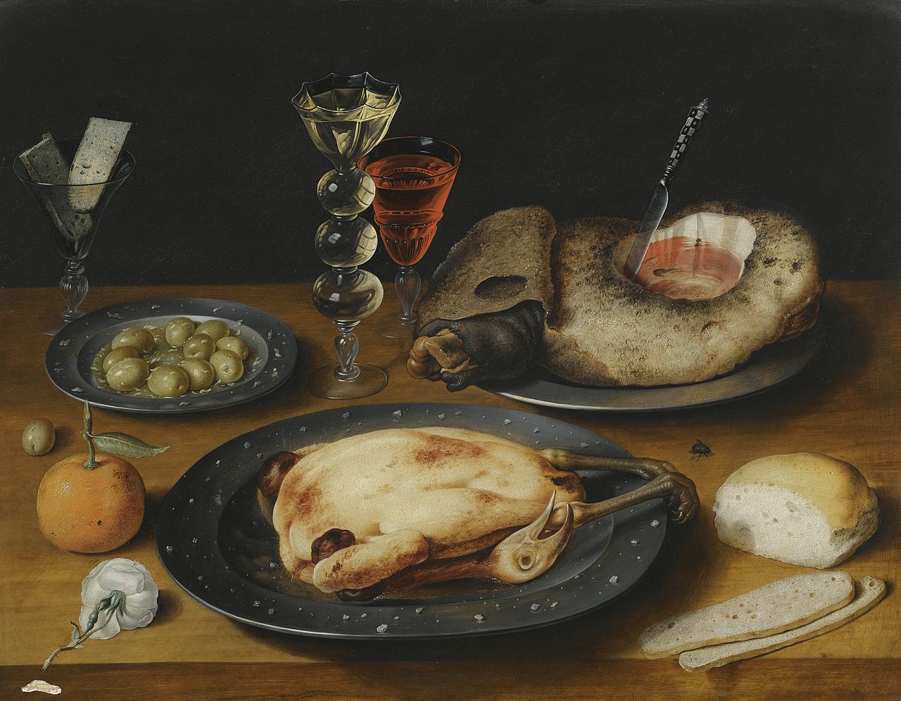 Still Life of a Roast Chicken, a Ham and Olives on Pewter Plates with a Bread Roll, vintage artwork by Osias Beert, A3 (16x12") Poster Print