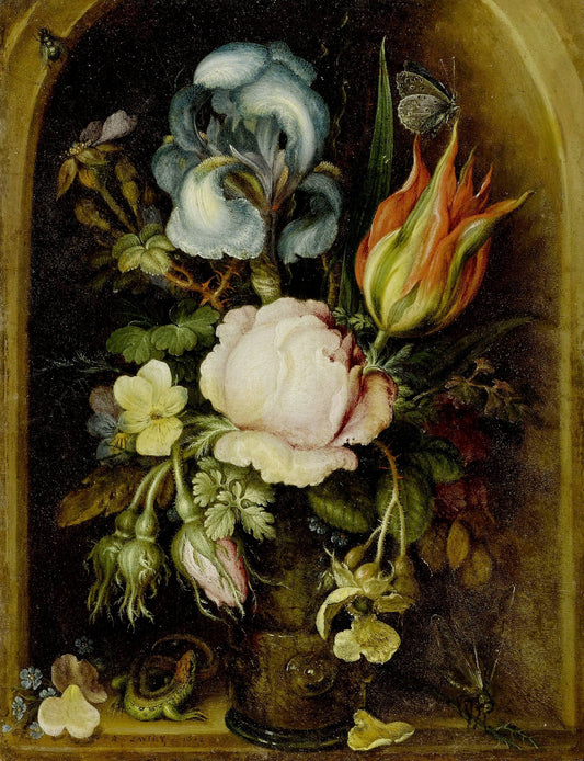 Still Life of Flowers in a Glass Vase with lizard and butterfly in a niche, vintage artwork by Roelant Savery, A3 (16x12") Poster Print