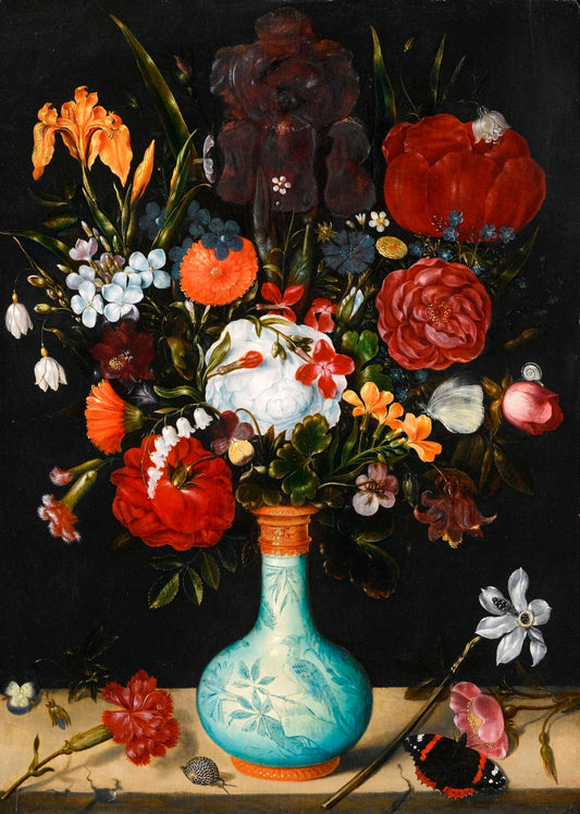 Still Life of Roses, Marigolds and Other Flowers in a Wan-Li Kraak Porcelain Vase, vintage artwork by Ambrosius Bosschaert (I), A3 (16x12") Poster Print