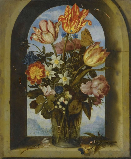 Still Life of Tulips, Moss-Roses, Lily-of-the-Valley and other Flowers in a Glass Beaker, vintage artwork by Ambrosius Bosschaert (I), A3 (16x12") Poster Print