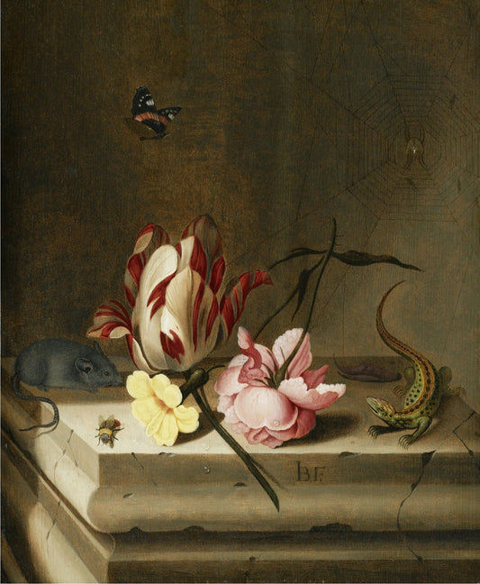 Still Life with a Parrot Tulip, a Pink Rose, a Mouse, a Lizard and a Bee, vintage artwork by Jean-Baptiste Fornenburgh, 12x8" (A4) Poster