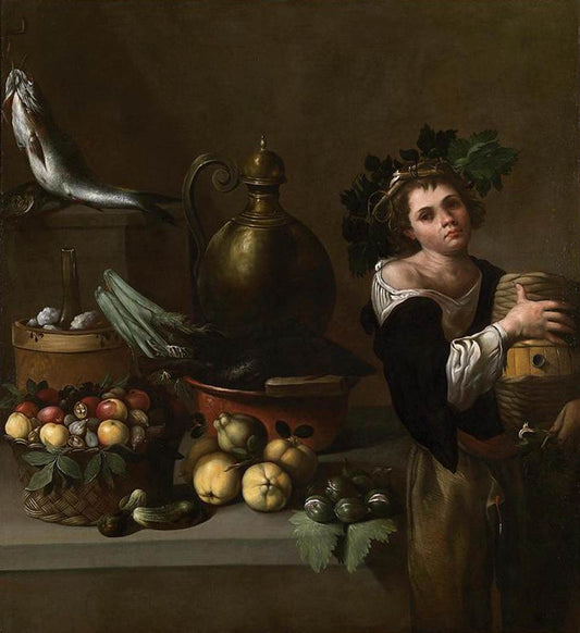 Still-Life with a Young Boy as Bacchus, vintage artwork by Pietro Paolo Bonzi, 12x8" (A4) Poster
