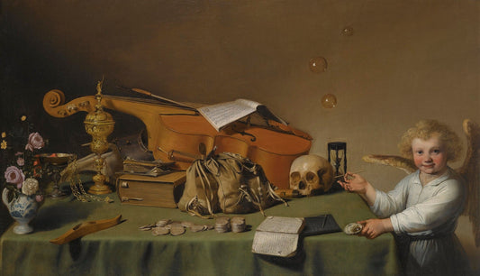 Still Life with an Angel Blowing Bubbles, vintage artwork by Jacob Gerritsz. Cuyp, 12x8" (A4) Poster