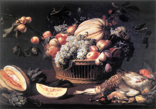 Still Life with Basket of Fruit and Dead Birds, vintage artwork by Frans Snyders, 12x8" (A4) Poster