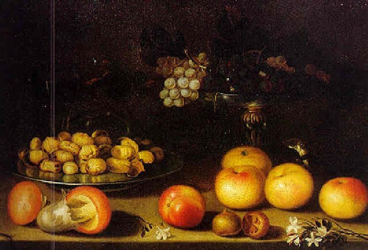 Still Life with Chestnuts, Grapes, Fruits and Weasel on a Table, vintage artwork by Fede Galizia, 12x8" (A4) Poster
