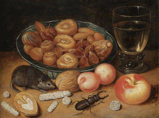 Still life with Chestnuts, Hazelnuts in a Porcelain Bowl with a Roemer, an Apple, an Apricot, a Beetle and a Mouse, vintage artwork by Georg Flegel, A3 (16x12") Poster Print